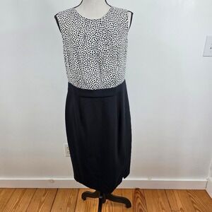 Talbots Sheath Dress Womens 8P Black White Polka Dot Pleated Mixed Media Career